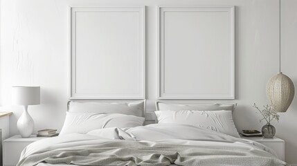Two-framed mock-up poster hanging on the wall of a residential bedroom.3D illustration.