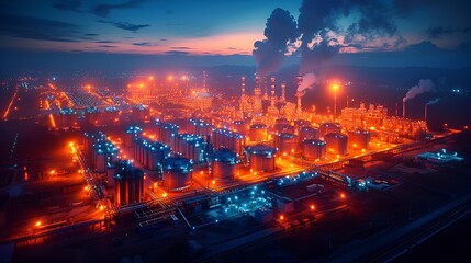 Obraz premium A nighttime view of an industrial plant, featuring bright lights .