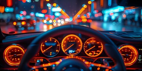 a car dashboard with orange lights. 
