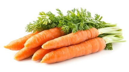 Freshly Harvested: A cluster of vibrant carrots, complete with lush green tops, lie against a pristine white backdrop, embodying farm-fresh goodness. 