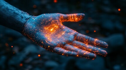 A hand with glowing fingers is shown in a blue background