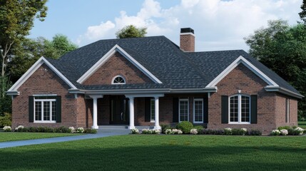 Obraz premium A charming brick house with a classic design, featuring a front porch, large windows, a manicured lawn, and landscaping.