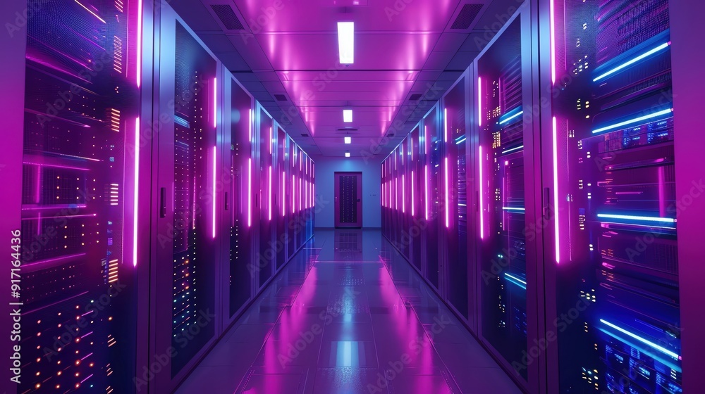 Poster a futuristic data center corridor illuminated by vibrant pink lights and lined with advanced server 