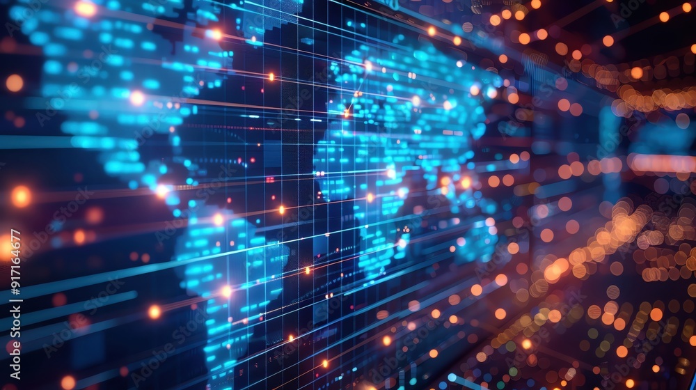 Poster a futuristic depiction of a digital world map illuminated by dynamic lines and vibrant lights, symbo