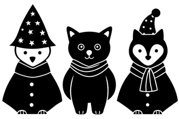 Foxes, Owls, and Bears in Christmas Gear in white background