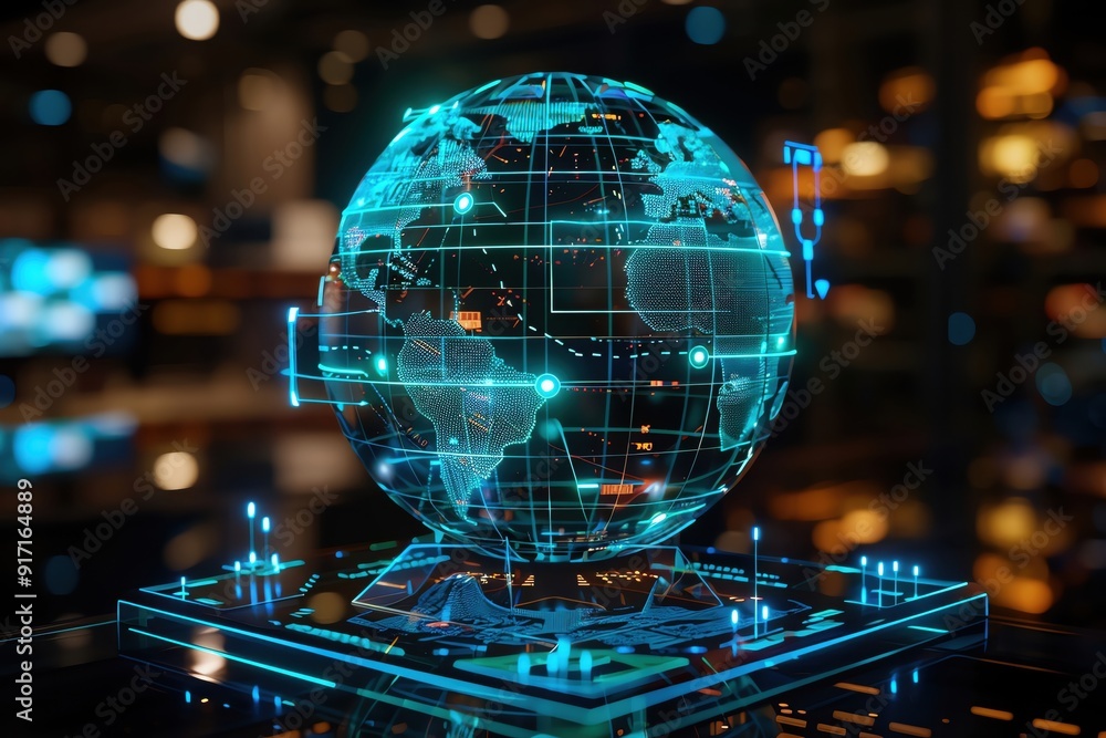 Poster a futuristic digital globe illuminated with neon lines, representing global connectivity and advance