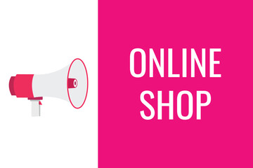 online shop button, banner, label, template for website. online shop text with colorful megaphone icon
