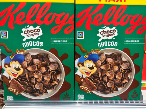 Grindelwald, Switzerland - July 21, 2024: Boxes of Maxi Kelloggs Choco Krispies cereal for sale in a Coop grocery store
