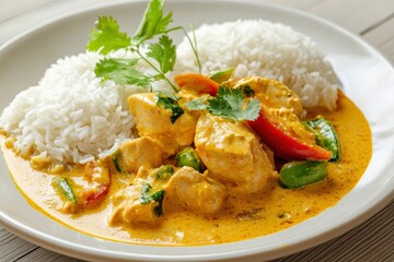 asian food, chicken meat in yellow thai curry sauce with vegetables and rice on plate, ai