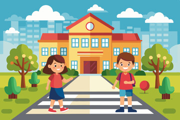 School background and 2 children road walking