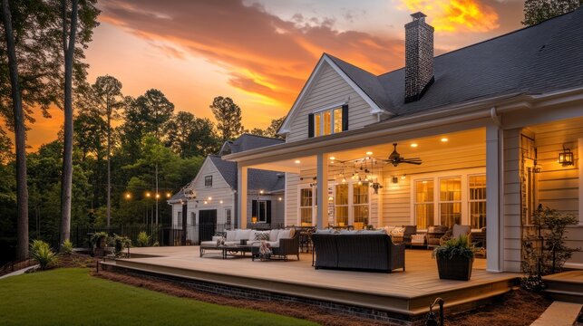 Back patio of a house with a wooden deck and furniture under a sunset sky.