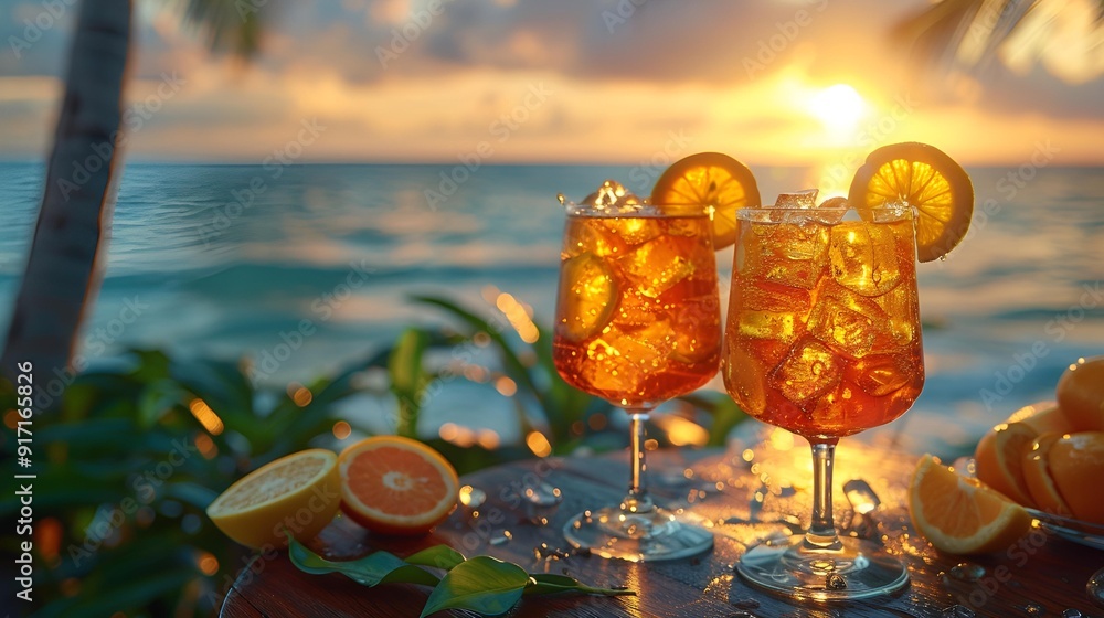 Wall mural two glasses of orange liquid with ice and orange slices on a table.