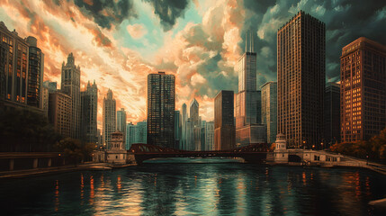 Fototapeta premium A stunning sunset over the Chicago skyline with skyscrapers and the river in view, capturing the essence of an urban cityscape