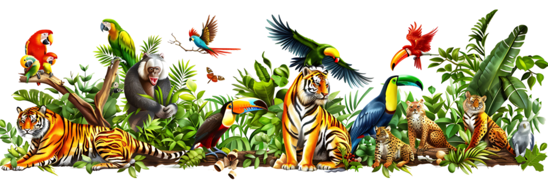 Collection of jungle animals, such as a tiger, monkey, parrot, and toucan, vibrant and dynamic, isolated on a white background