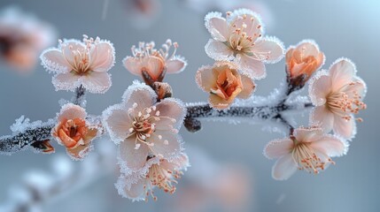 Delicate branches covered in a light frost, with small winter flowers blooming against the icy background, capturing the beauty of nature in the cold. 