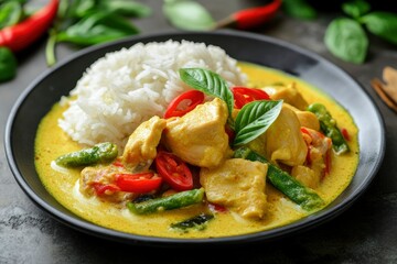 asian food, chicken meat in yellow thai curry sauce with vegetables and rice on plate, ai