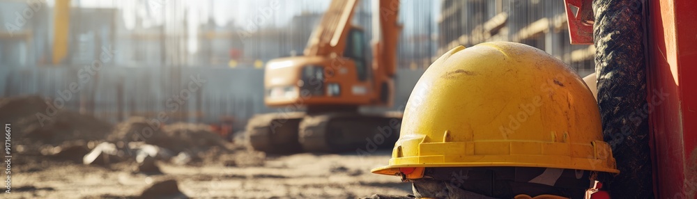 Poster A construction site with a focus on a yellow hard hat in the foreground, heavy machinery and building structures in the background.