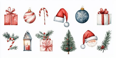 Set of Christmas illustrative art decorations and decor isolated on white background