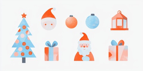 Set of Christmas illustrative art decorations and decor isolated on white background