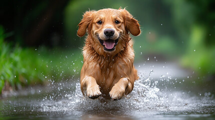 golden retriever dashes across a lush green field, capturing the essence of freedom and happiness. The dog's expressive face and lively movement evoke warmth and affection, symbolizing loyalty and fri