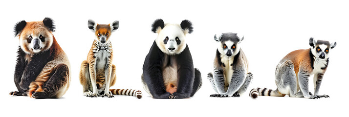 Set of exotic animals, such as a panda, koala, kangaroo, and lemur, detailed and colorful, isolated on a white background 