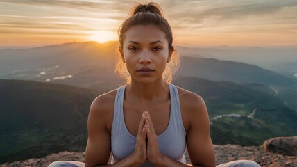 woman meditating in the mountains