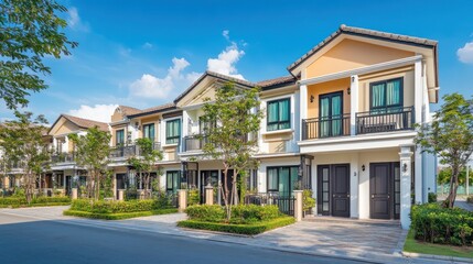 Row of modern townhouses with lush green landscaping and a paved driveway.