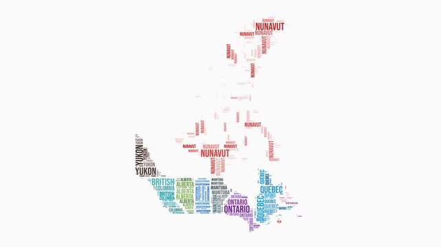 Canada provinces word cloud animation. Country logo animated video. Canada colored text cloud. Provinces typography style motion graphics. Beautiful video.