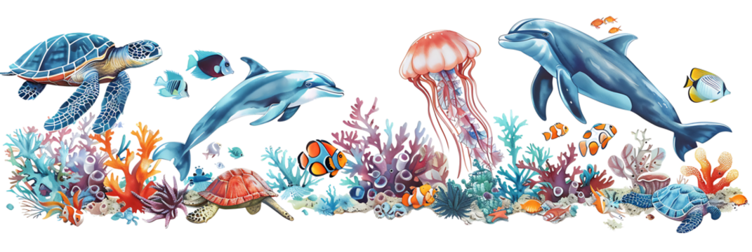 Collection of marine animals, featuring a dolphin, sea turtle, jellyfish, and clownfish, detailed and colorful, isolated on a white background - Powered by Adobe