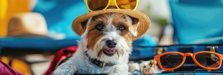 Travel concept with online flight booking budget friendly airlines global air travel dog wearing a summer hat with a suitcase and travel essentials pet holiday
