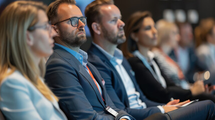 Obraz premium Focused business professionals discussing trends at a seminar