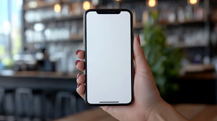 woman's hand holding a mobile phone at a cozy cafe table, capturing the essence of modern connectivity. The serene atmosphere highlights the blend of technology and relaxation in daily life