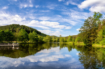 View at a lake in the Spiesswoogtal valley near Fischbach bei Dahn