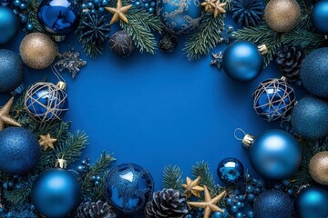 bright blue christmas decoration background, ai