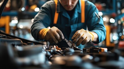 Mechanic in Blue Jumpsuit Repairs Car Engine