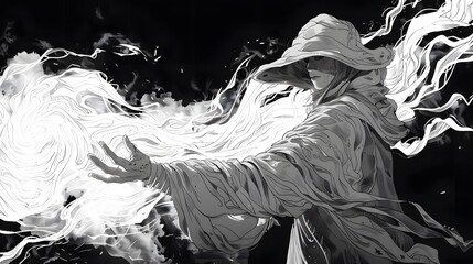 Black and White Fantasy Wizard Illustration.