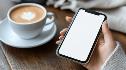 woman's hand holding a mobile phone at a cozy cafe table, capturing the essence of modern connectivity. The serene atmosphere highlights the blend of technology and relaxation in daily life