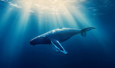 Fototapeta premium Close-Up Macro Shot of a Majestic Humpback Whale, Sunlit Ocean Waters. Nature Photography Background Wallpaper design