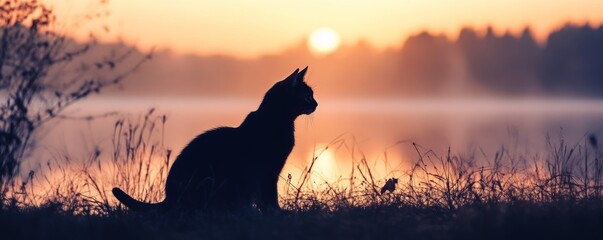 A silhouette of a cat sitting by