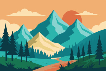 Fototapeta premium Nature illustration with mountains and forest 