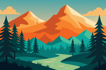 Fototapeta premium Nature illustration with mountains and forest 