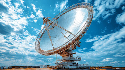radio telescope stands against a vast sky, symbolizing humanity's quest for knowledge and exploration of the cosmos. The image conveys the themes of discovery, science, and the infinite potential of s