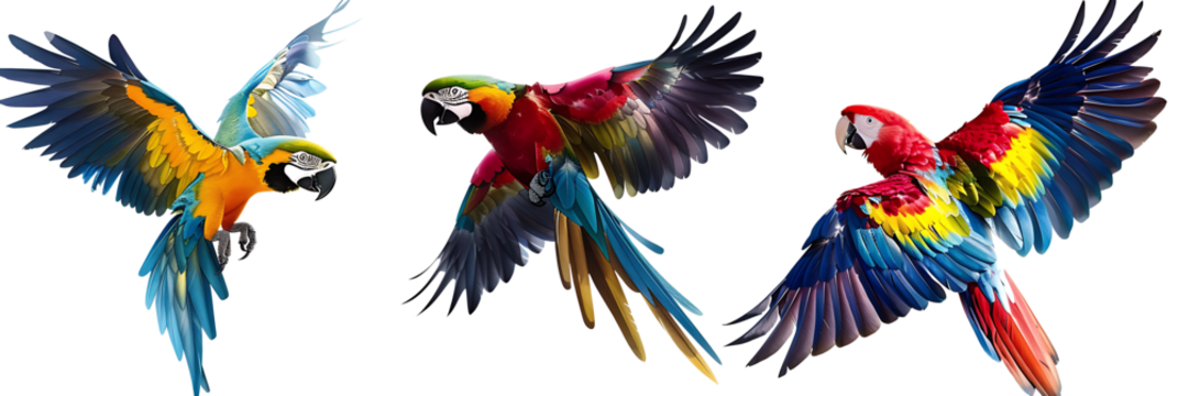 Set of various birds in flight, including a parrot, eagle, and sparrow, detailed feathers and vibrant colors, isolated on a white background