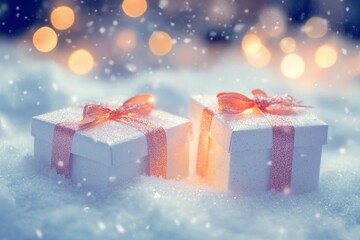 christmas gift boxes in snow with glitter and bokeh effect, ai