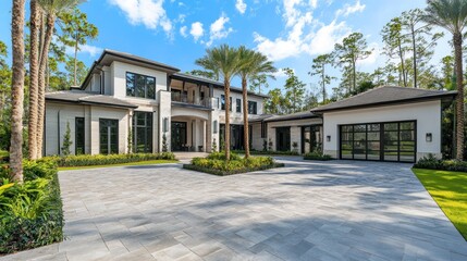 Fototapeta premium Modern white house with a palm tree in front of it, stone driveway, and lush green landscaping.