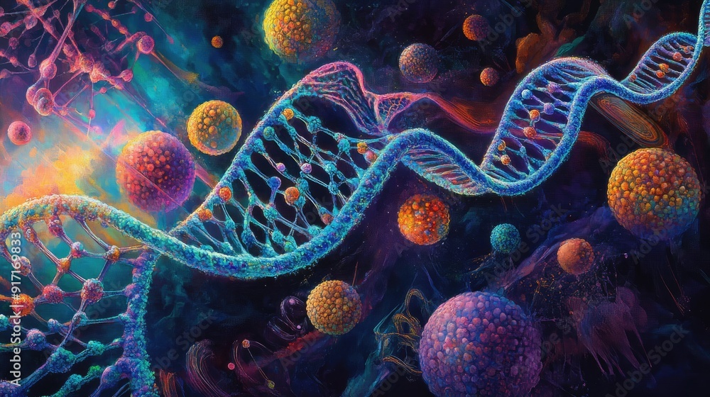 Poster abstract artwork depicting dna strands and cellular structures, emphasizing the innovative aspects o