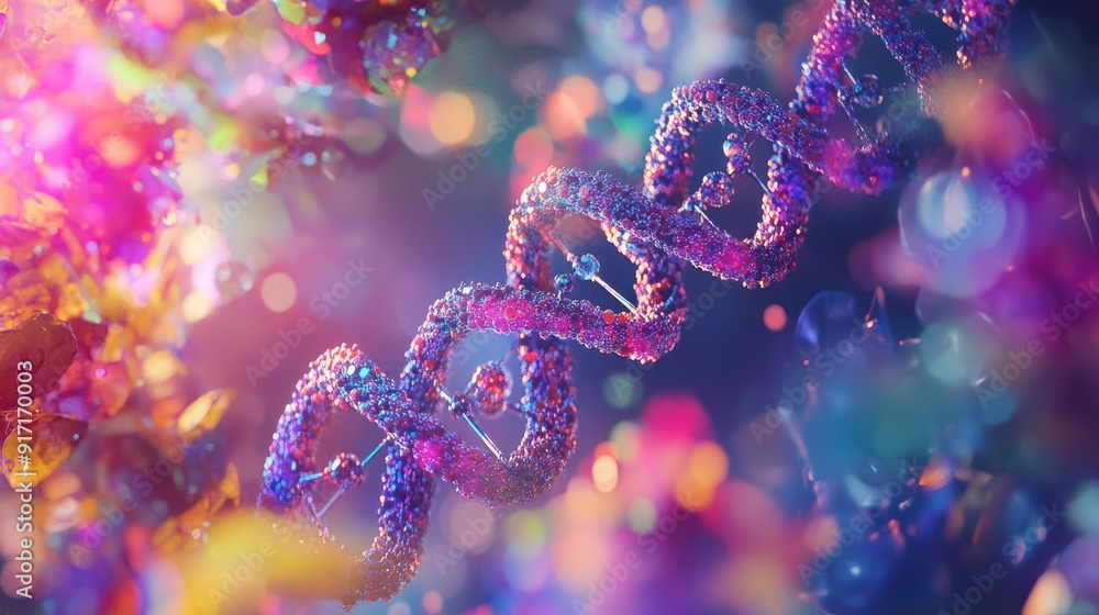 Poster abstract visualization of genetic engineering with intertwining dna strands and cellular structures,
