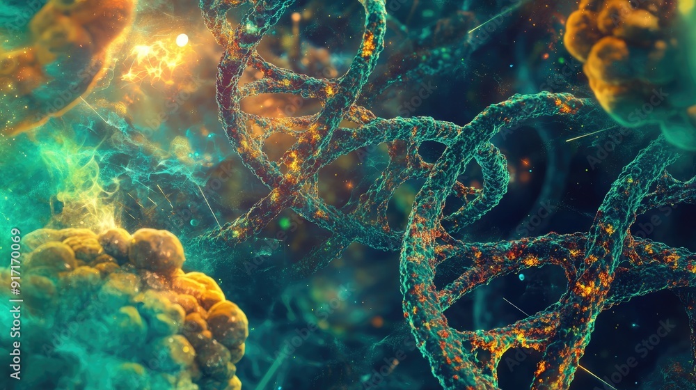 Poster abstract visualization of genetic engineering with intertwining dna strands and cellular structures,