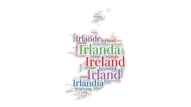 Ireland shape words animation. Ireland boundary filled with country names animated. Country opening, intro, presentation video.