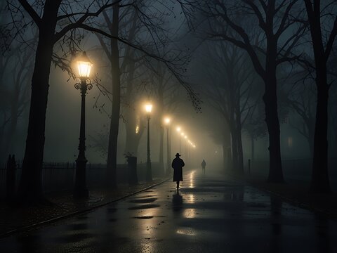 Streetlamp illuminating a foggy night, a man standing alone in the middle of the street, quiet and isolated scene.